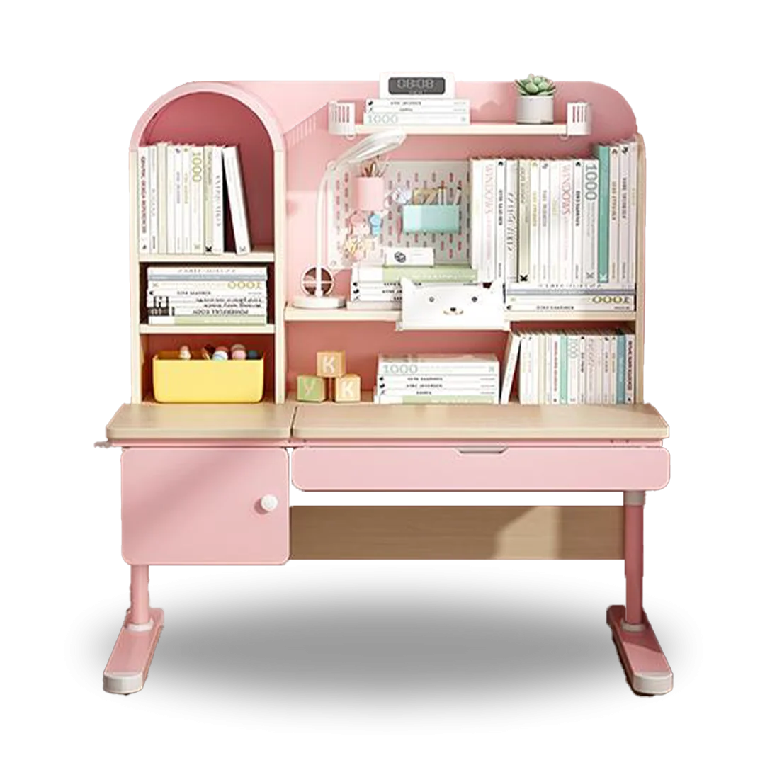 Charming Pink Children's Study Desk Clipart with Organizational Shelves and Storage