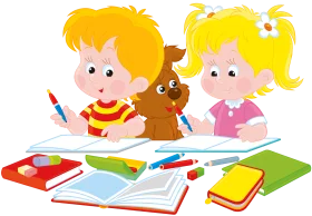 Cheerful Children Studying Together with Playful Puppy - Educational Clipart Scene