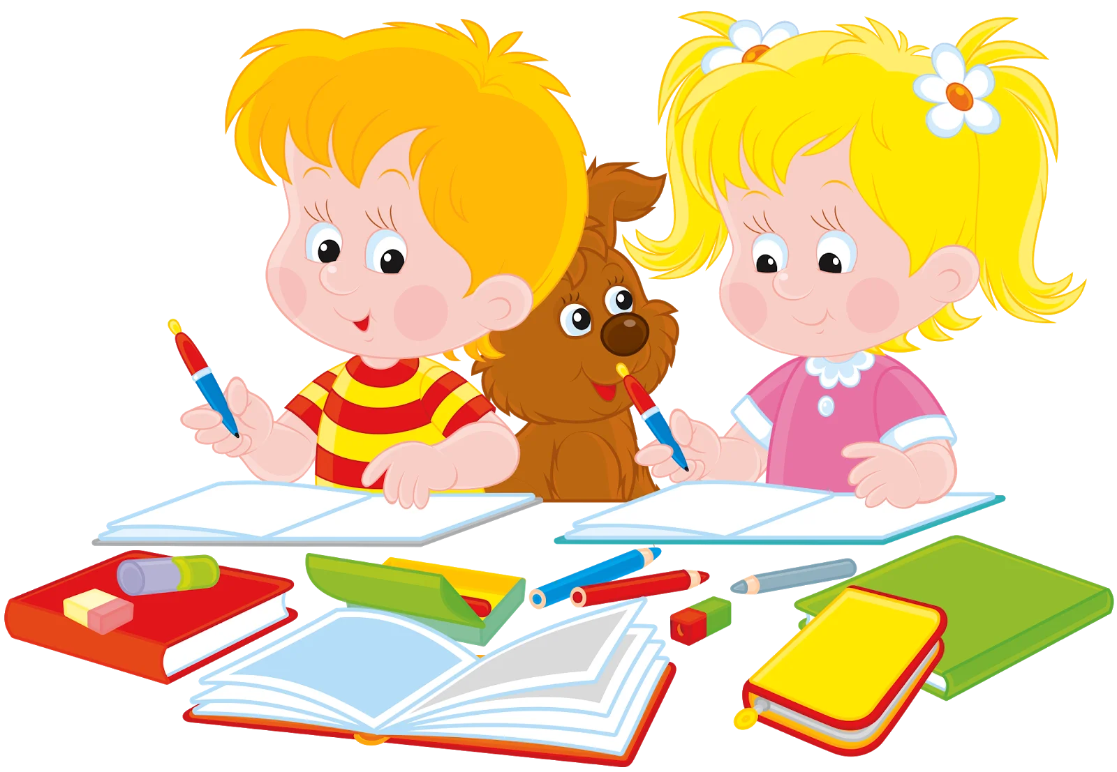 Cheerful Children Studying Together with Playful Puppy - Educational Clipart Scene