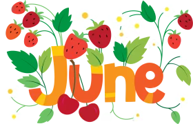 Cheerful June Clipart Illustration with Ripe Cherries and Playful Typography