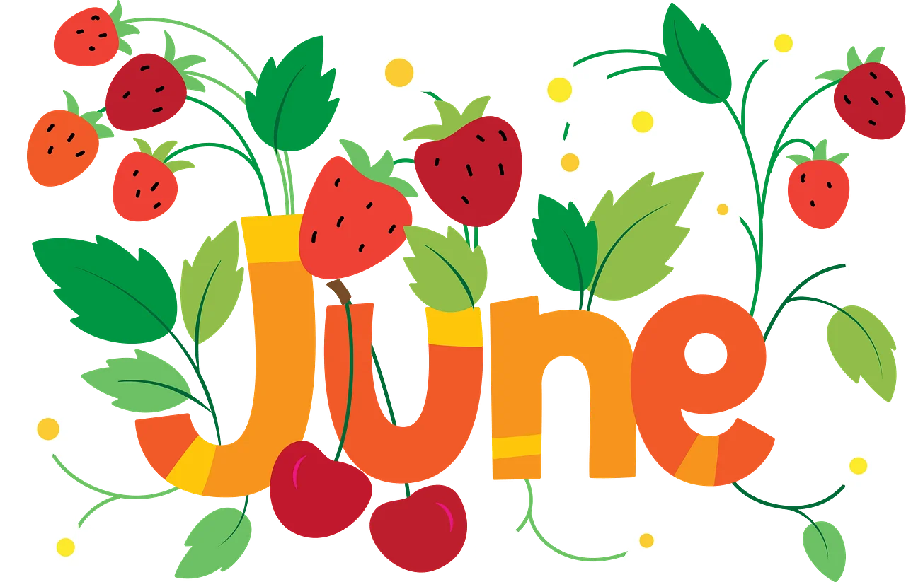 Cheerful June Clipart Illustration with Ripe Cherries and Playful Typography