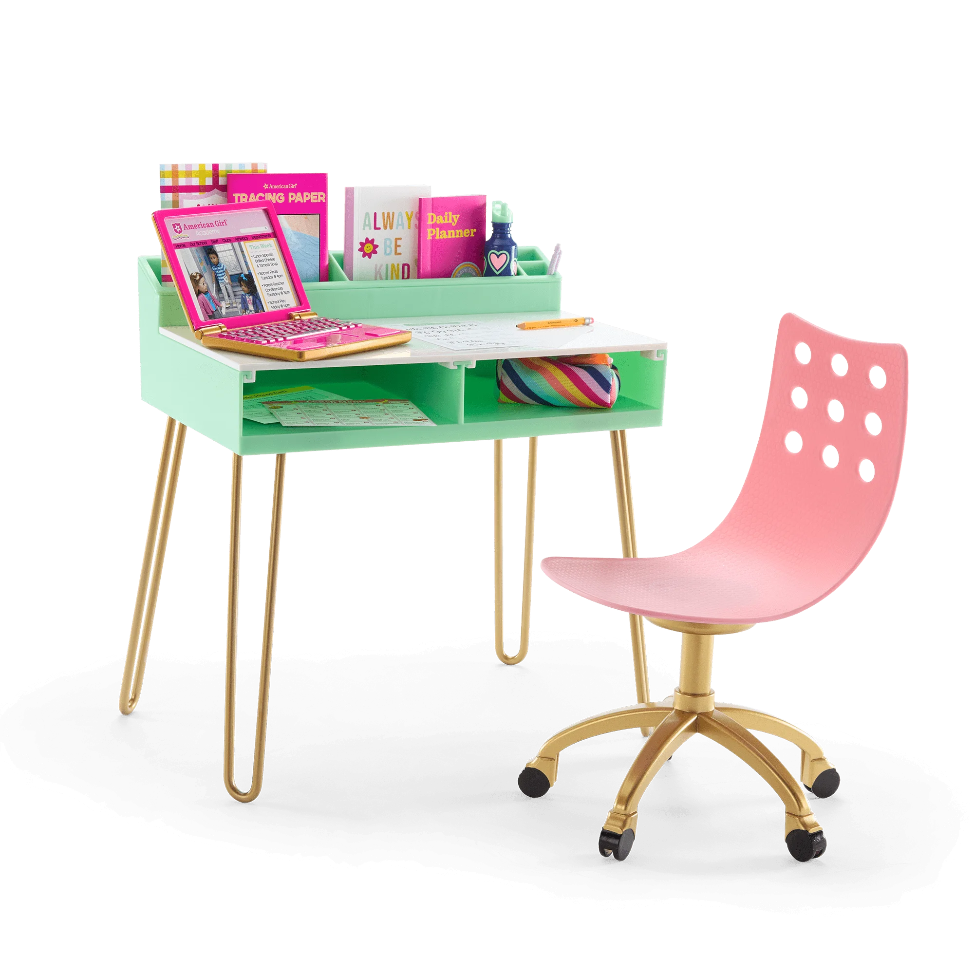 Cheerful Kids Study Desk Clipart with Pink Chair and Gold Legs