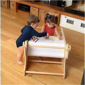 Children Collaborating at Wooden Learning Desk Clipart Illustration