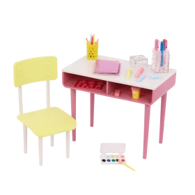 Colorful Children's Study Desk and Chair Clipart Set with Art Supplies