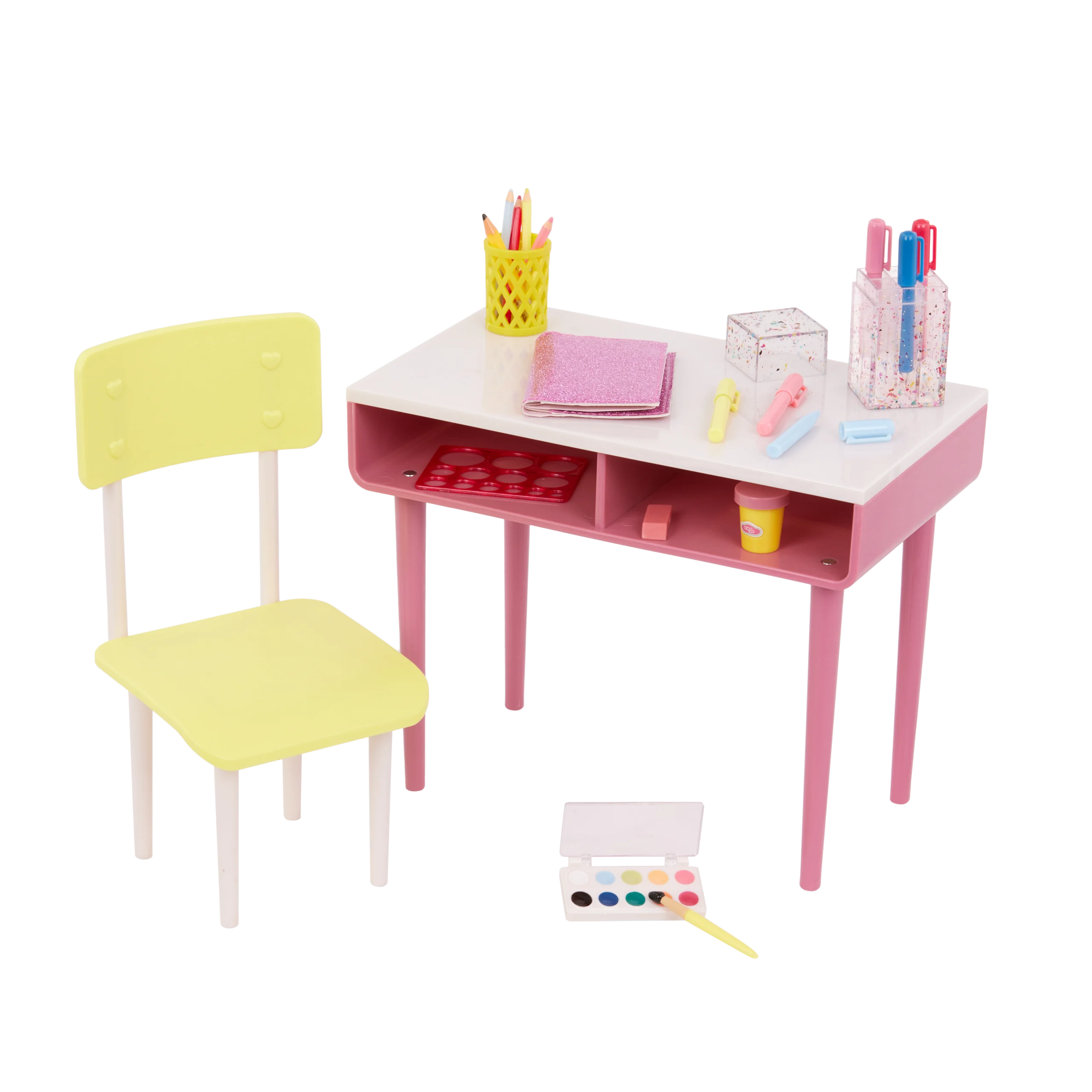Colorful Children's Study Desk and Chair Clipart Set with Art Supplies