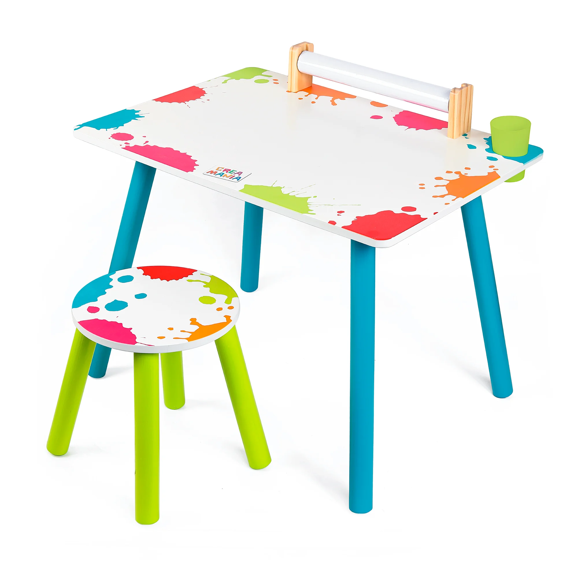 Colorful Kids Art Desk Clipart with Playful Paint Splatter Design