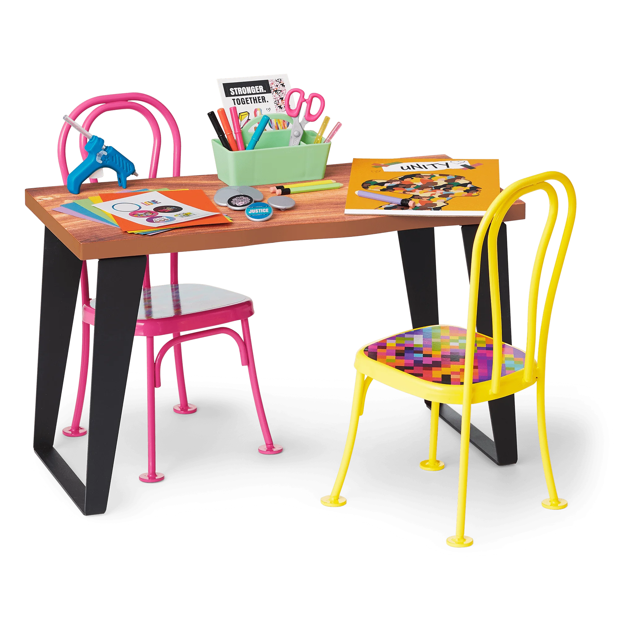 Colorful Kids Study Workspace Clipart with Artistic School Chairs and Desk