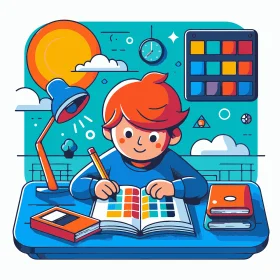 Colorful Student Workspace: Creative Learning Clipart Scene with Study Tools
