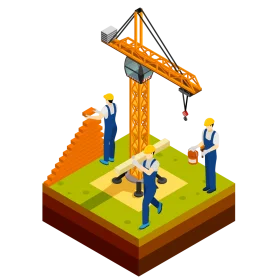 Construction Site Isometric Clipart: Workers and Crane in Miniature Landscape Scene