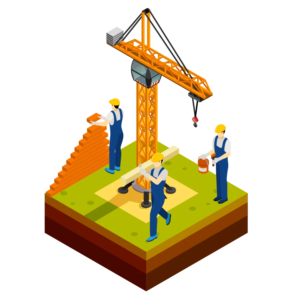 Construction Site Isometric Clipart: Workers and Crane in Miniature Landscape Scene