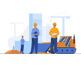 Construction Site Workers and Machinery Flat Design Illustration Clipart Scene