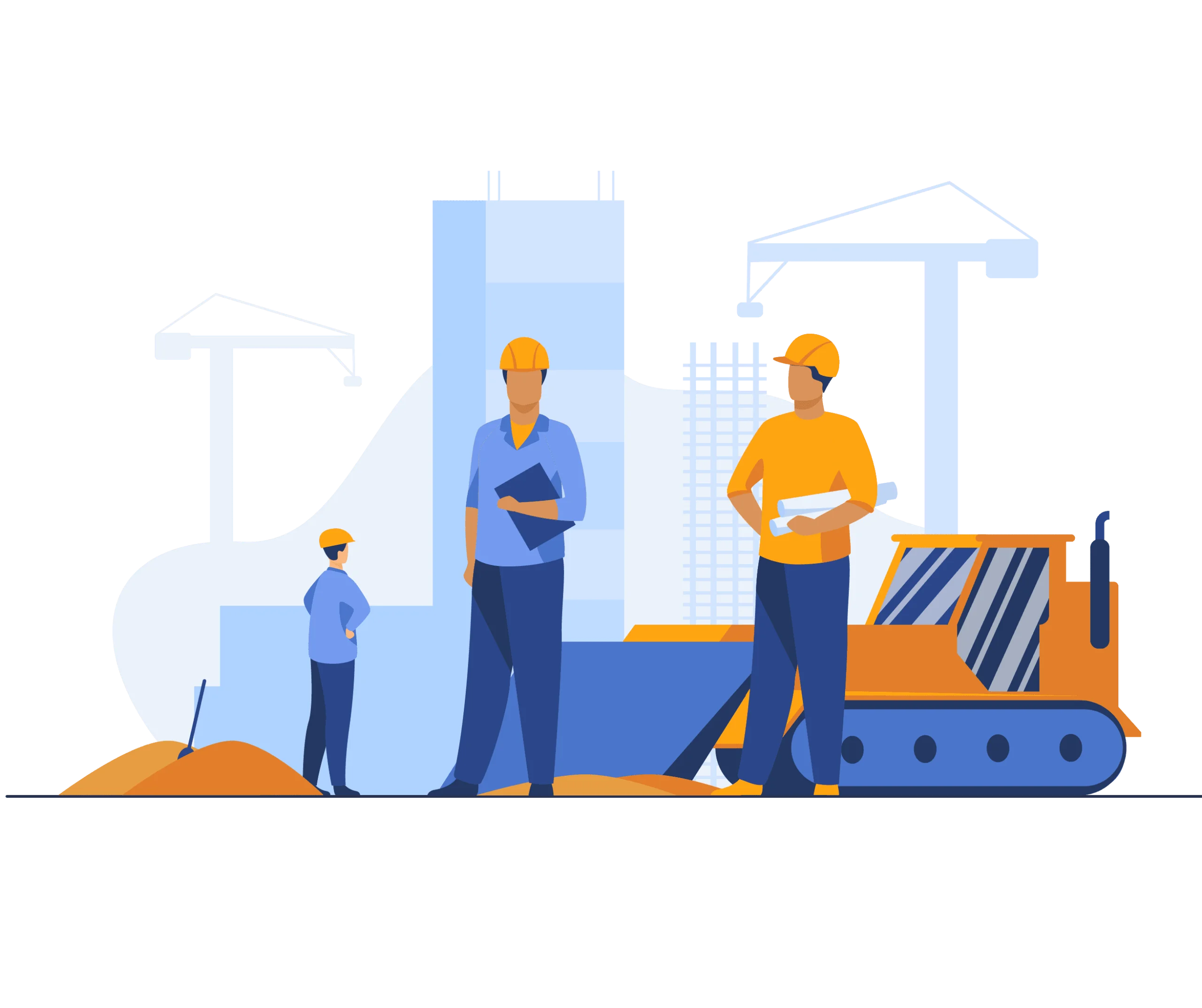 Construction Site Workers and Machinery Flat Design Illustration Clipart Scene