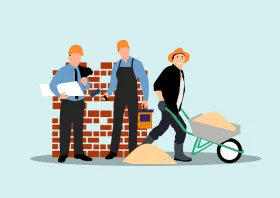 Construction Workers Building Project Clipart Scene with Labor Team