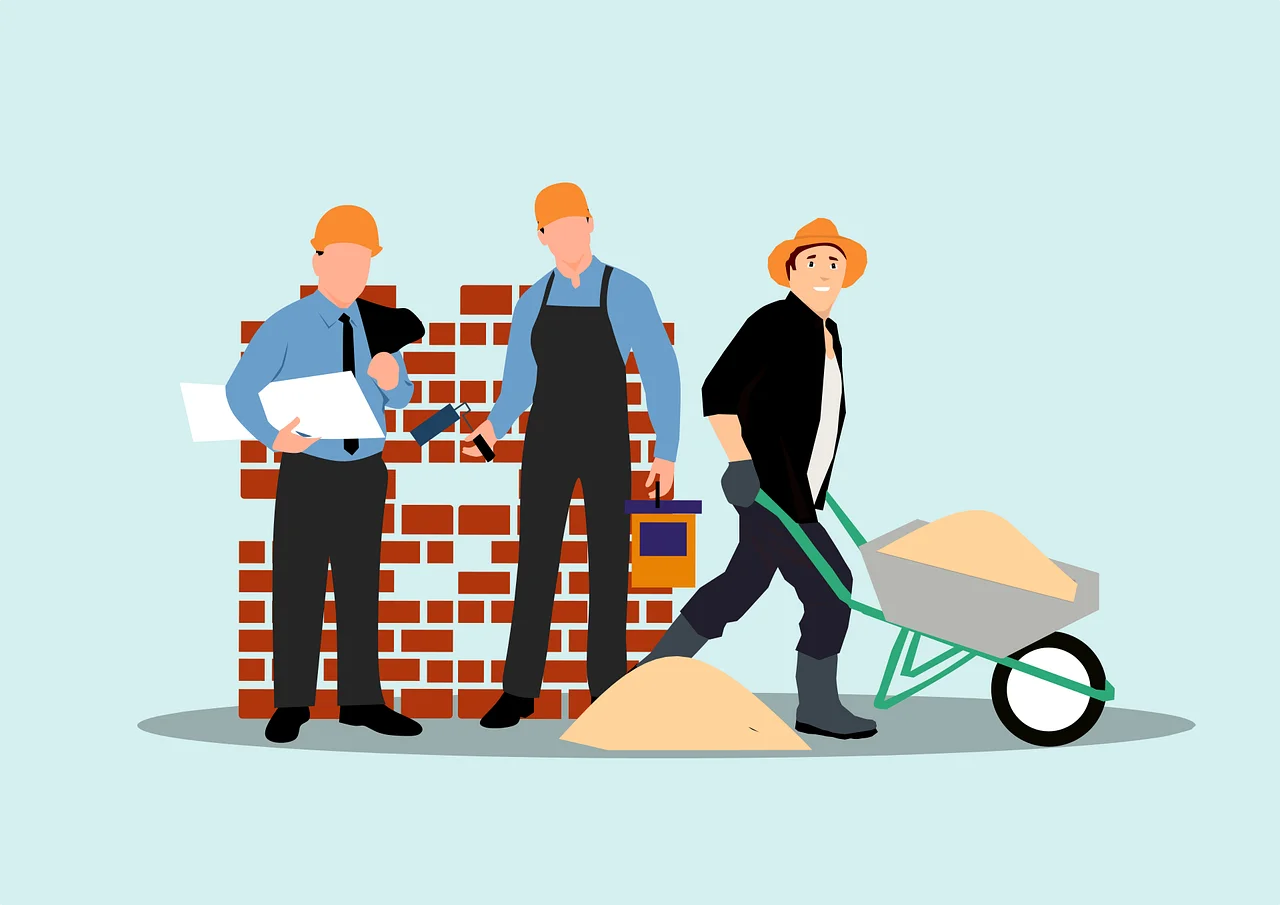 Construction Workers Building Project Clipart Scene with Labor Team