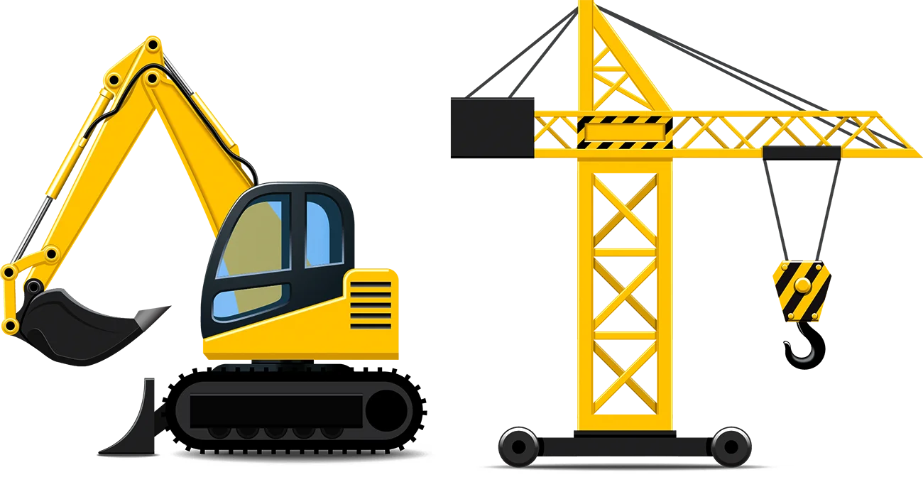 Heavy Construction Equipment Clipart: Excavator and Tower Crane Illustration