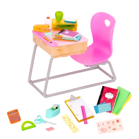 Playful Kids School Desk Clipart with Colorful Stationery Accessories