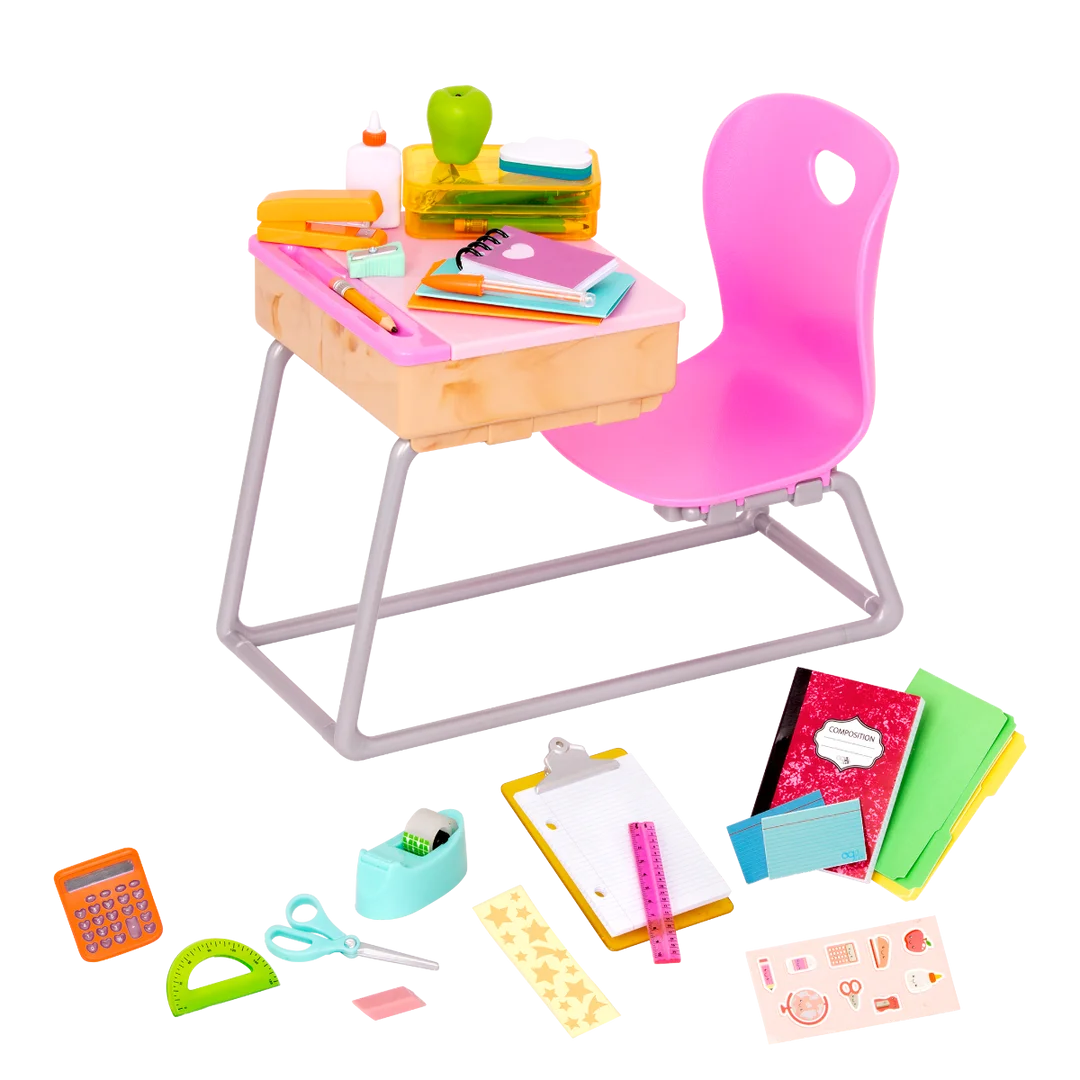 Playful Kids School Desk Clipart with Colorful Stationery Accessories