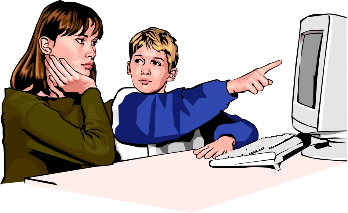 Students Collaborating on Homework Assignment with Computer Assistance Clipart