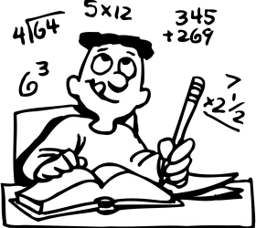 Studious Student Solving Math Problems with Enthusiasm - Black and White Homework Clipart
