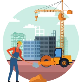 Urban Construction Site Clipart Scene with Heavy Machinery and Worker