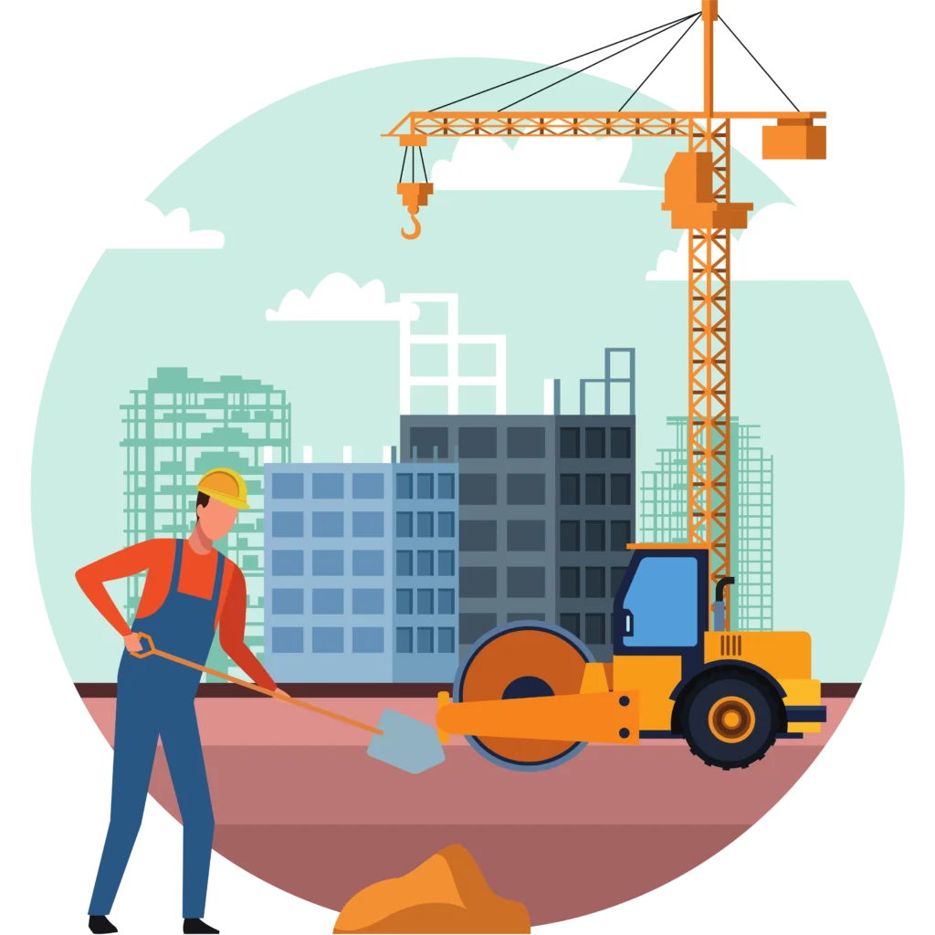Urban Construction Site Clipart Scene with Heavy Machinery and Worker