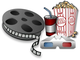 Classic Cinema Experience Illustrated Clipart: Film Reel, Popcorn, and 3D Glasses