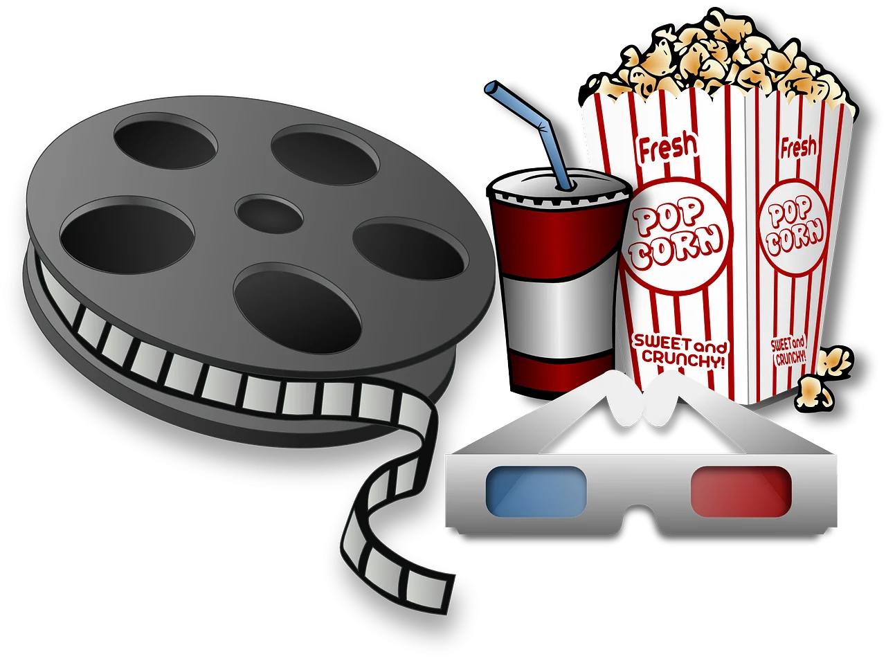 Classic Cinema Experience Illustrated Clipart: Film Reel, Popcorn, and 3D Glasses