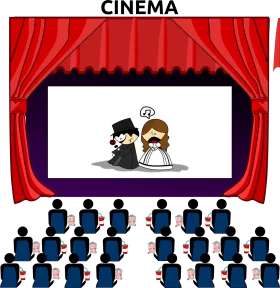 Classic Cinema Experience: Stylized Black and White Movie Characters Clipart Scene