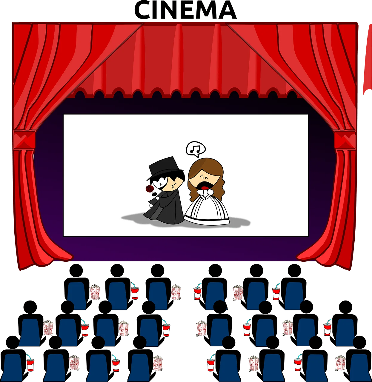 Classic Cinema Experience: Stylized Black and White Movie Characters Clipart Scene