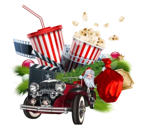 Festive Cinema Nostalgia: Classic Car and Movie Night Holiday Clipart Composition