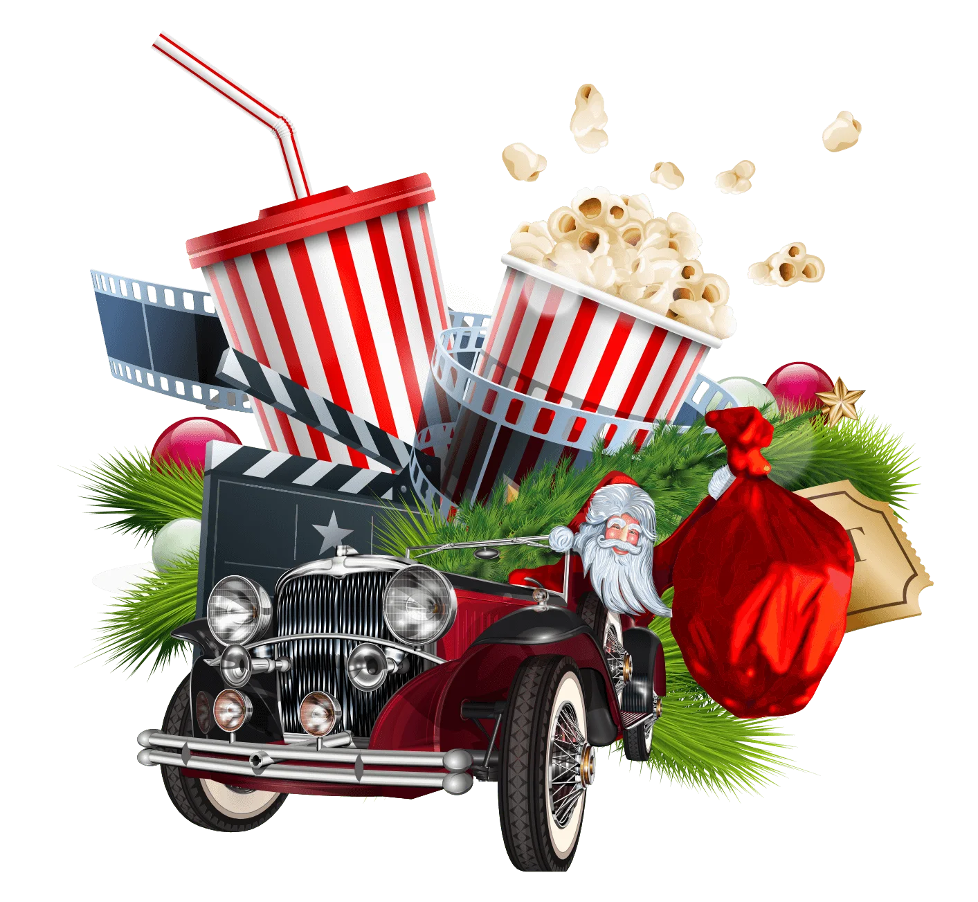 Festive Cinema Nostalgia: Classic Car and Movie Night Holiday Clipart Composition