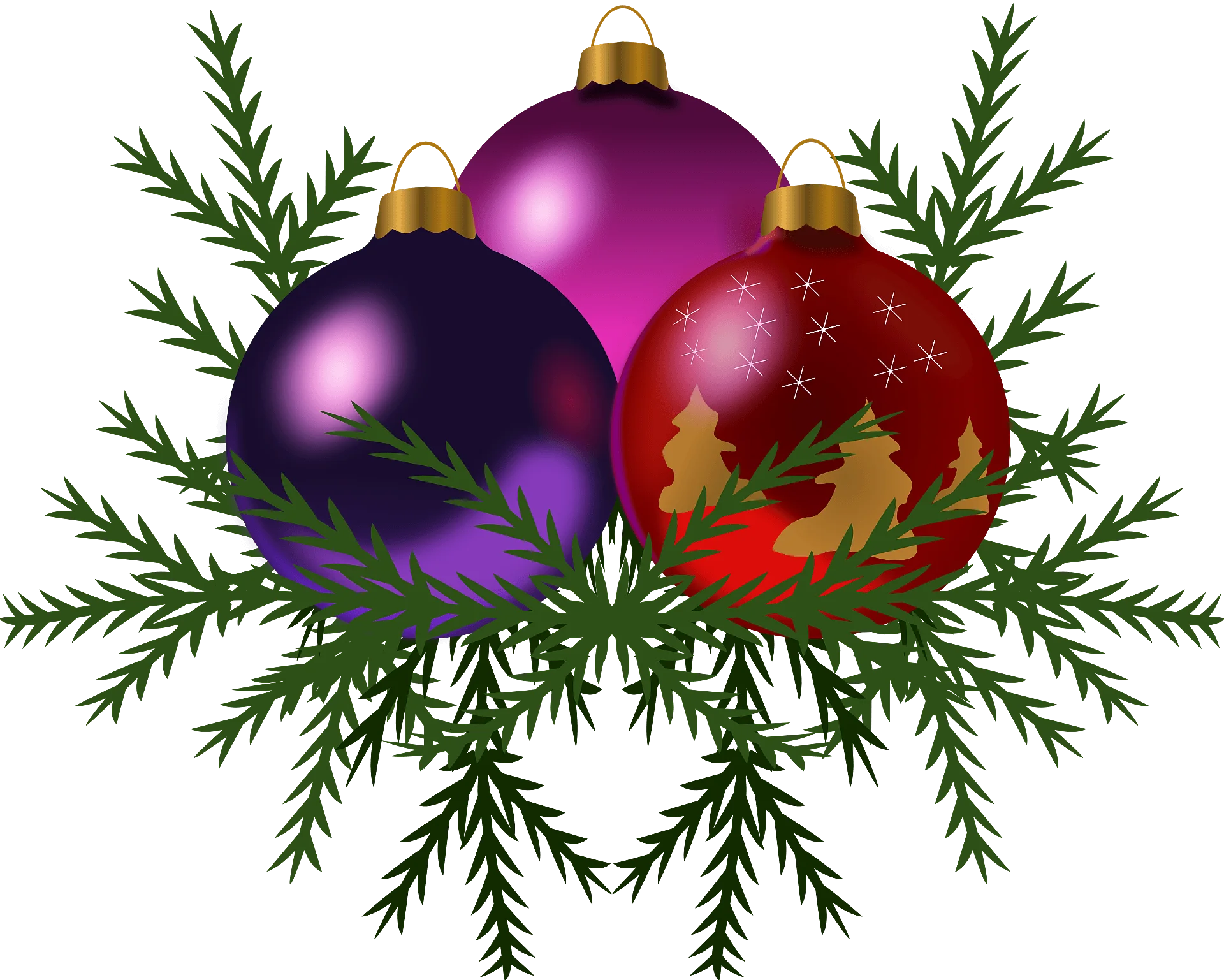 Festive Christmas Ornaments and Pine Branches Decorative Seasonal Clipart Design