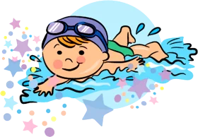 Cheerful Kid Swimming Freestyle with Colorful Stars Cartoon Clipart Illustration