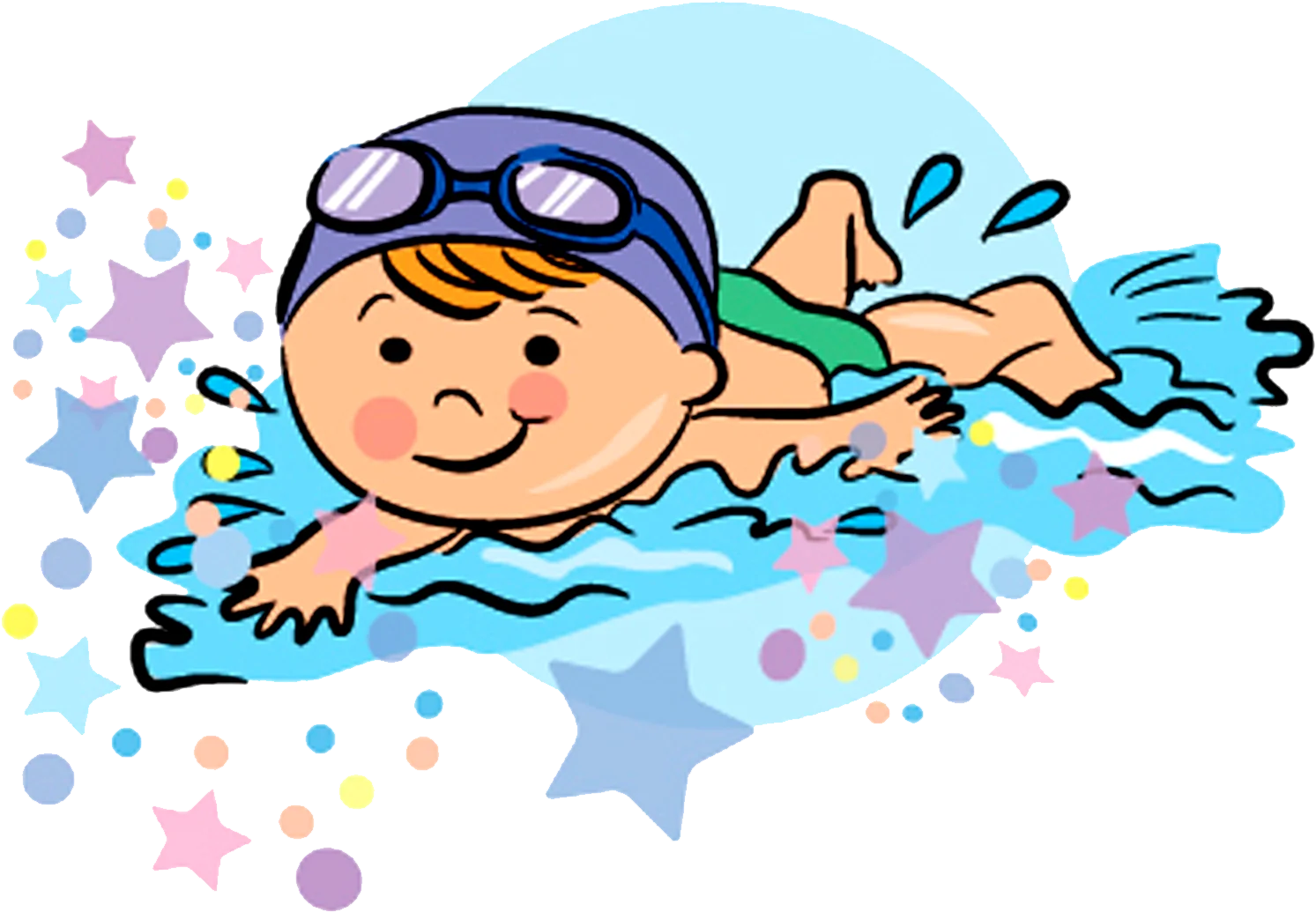 Cheerful Kid Swimming Freestyle with Colorful Stars Cartoon Clipart Illustration