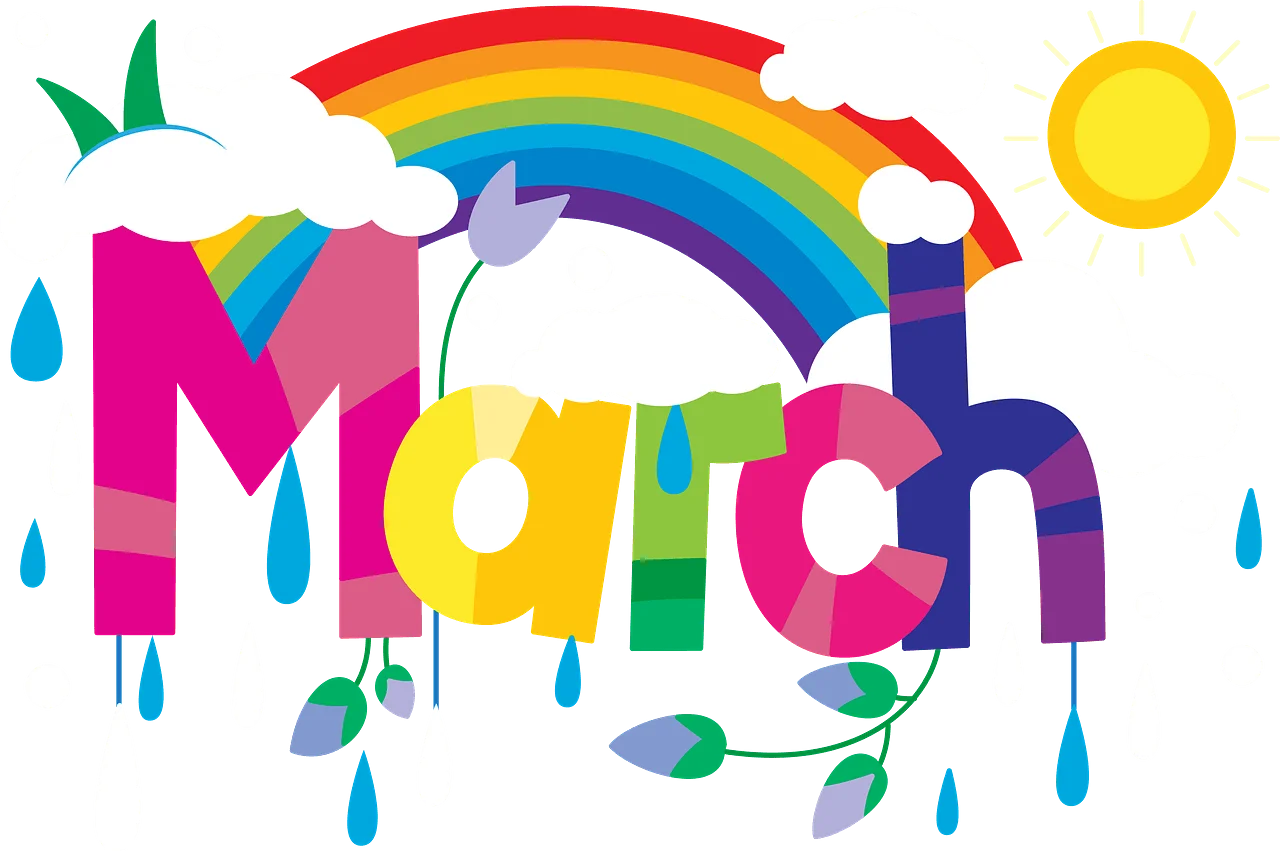 Colorful March Typography Clipart with Rainbow and Spring Elements
