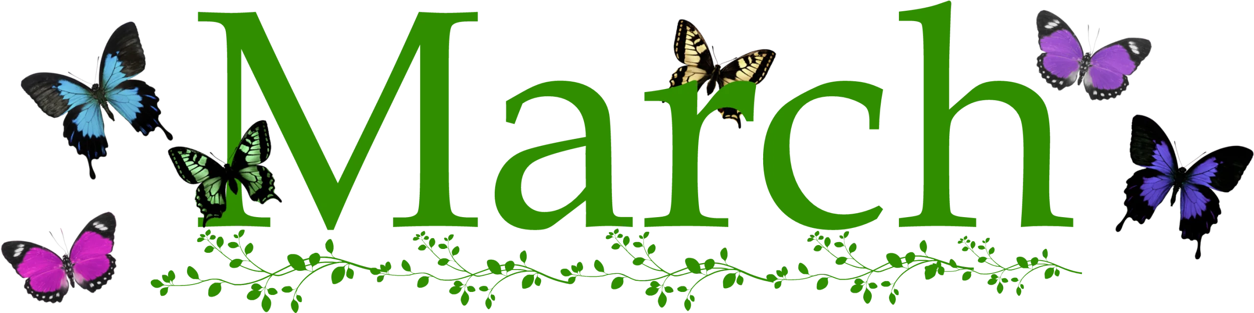 Elegant March Butterfly Clipart with Delicate Green Lettering and Fluttering Winged Creatures