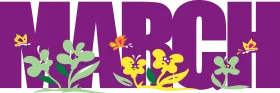 Festive March Celebration Clipart with Colorful Floral Elements and Bold Typography