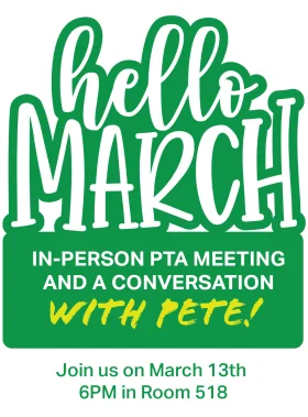 Hello March PTA Meeting Announcement Clipart Design with Playful Typography