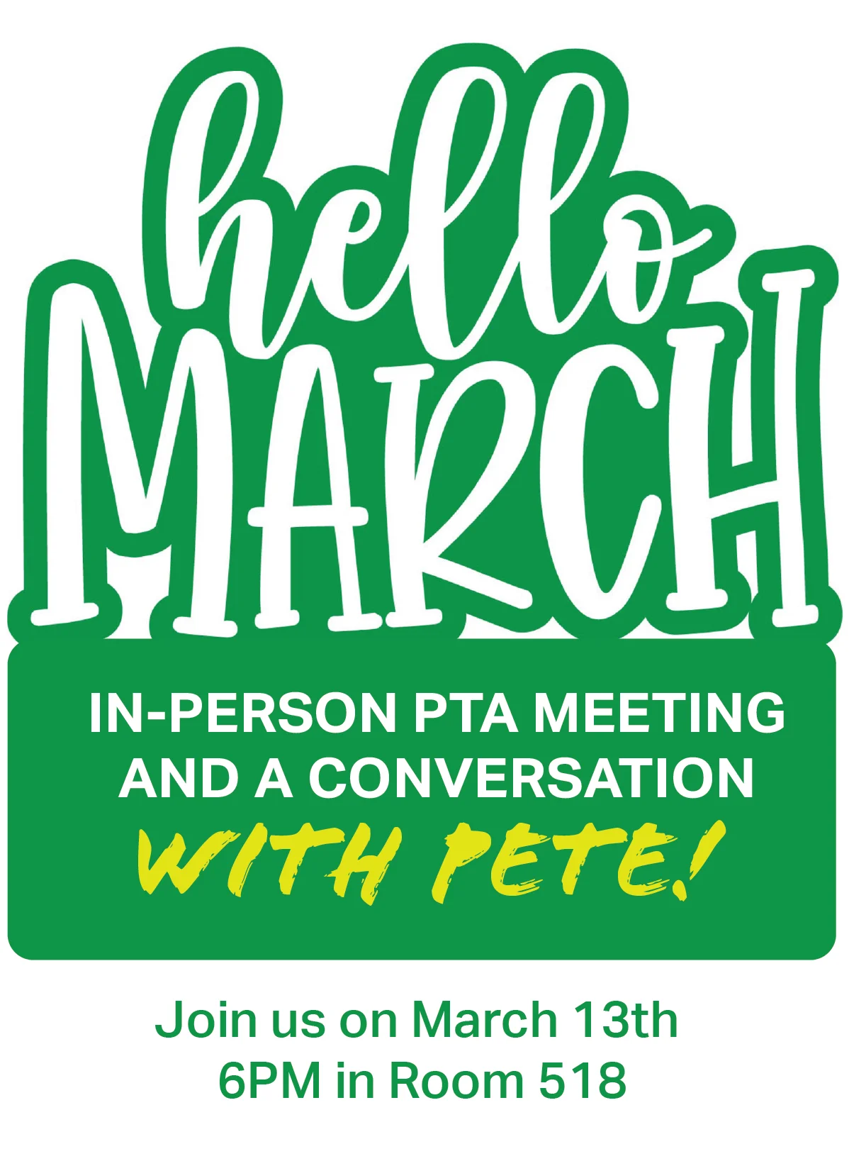 Hello March PTA Meeting Announcement Clipart Design with Playful Typography