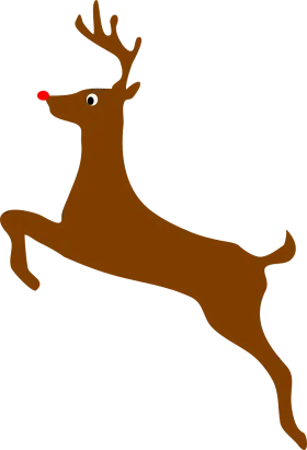 Leaping Brown Reindeer with Antlers and Red Nose Festive Clipart Design