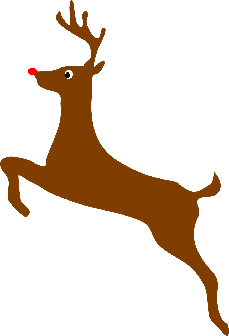 Leaping Brown Reindeer with Antlers and Red Nose Festive Clipart Design