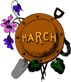 March Month Gardening Clipart with Blooming Flowers and Gardening Tools