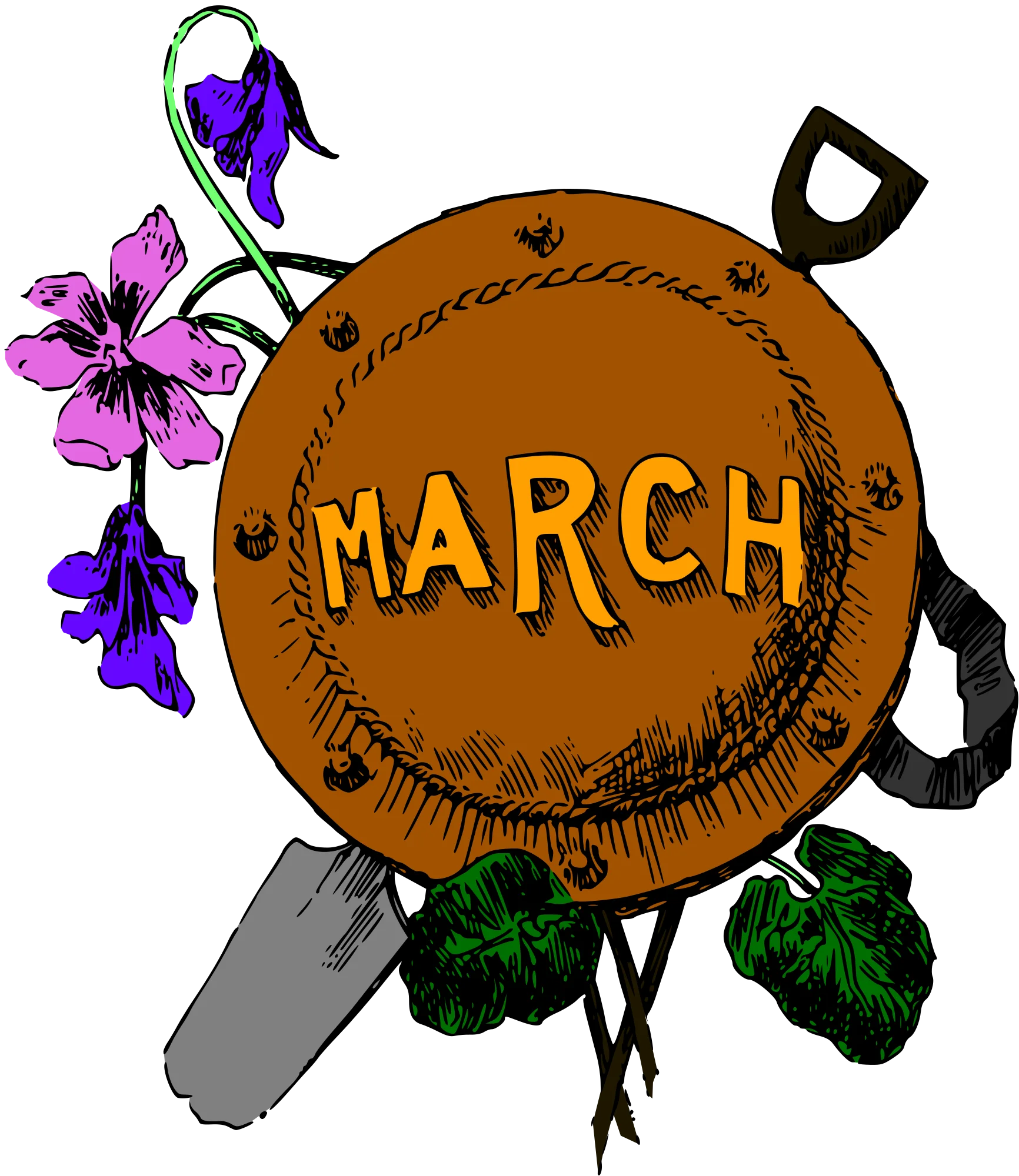 March Month Gardening Clipart with Blooming Flowers and Gardening Tools