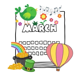 Whimsical March Celebration Clipart with Cheerful Seasonal Elements and Calendar