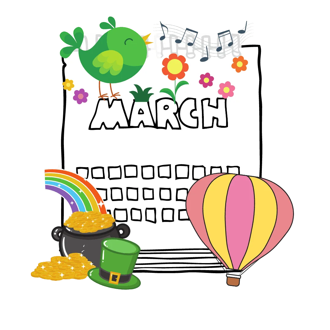 Whimsical March Celebration Clipart with Cheerful Seasonal Elements and Calendar