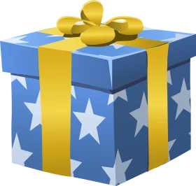 Blue and Yellow Star-Patterned Gift Box Clipart with Golden Ribbon Bow