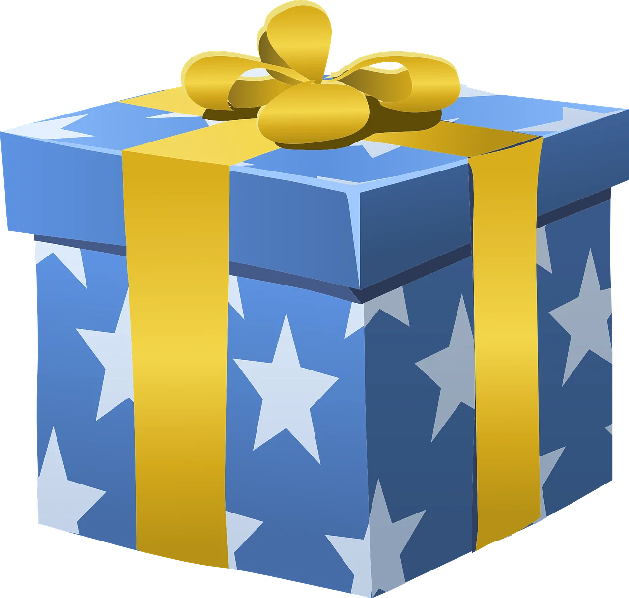Blue and Yellow Star-Patterned Gift Box Clipart with Golden Ribbon Bow