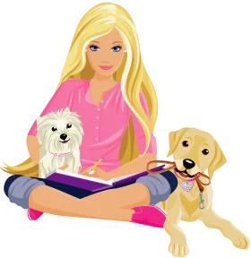Cheerful Barbie-Style Cartoon Clipart with Adorable Puppy Companions