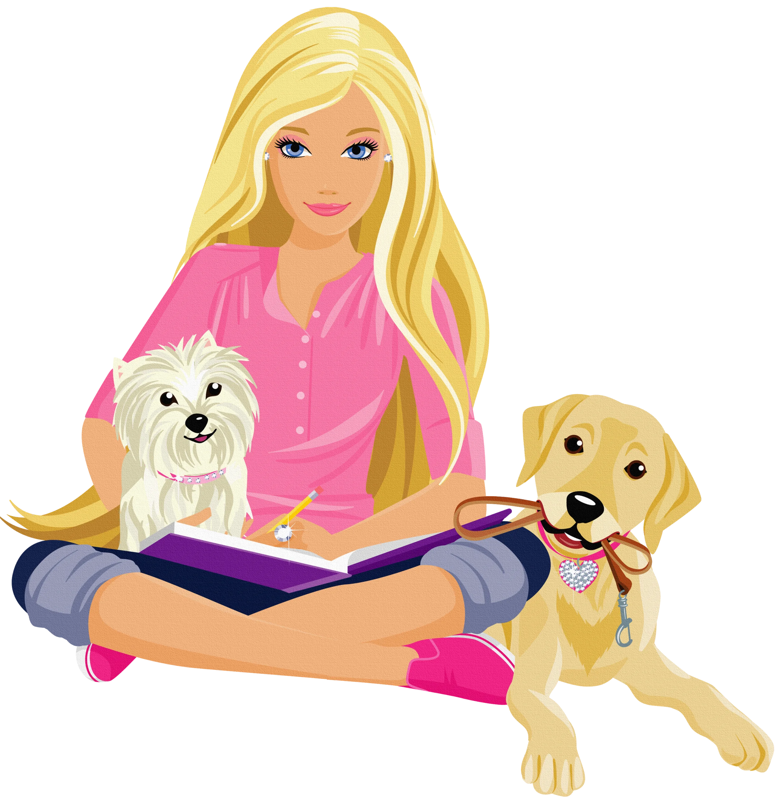 Cheerful Barbie-Style Cartoon Clipart with Adorable Puppy Companions
