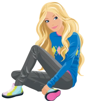 Cheerful Blonde Cartoon Character Sitting Stylishly in Blue Clipart Illustration
